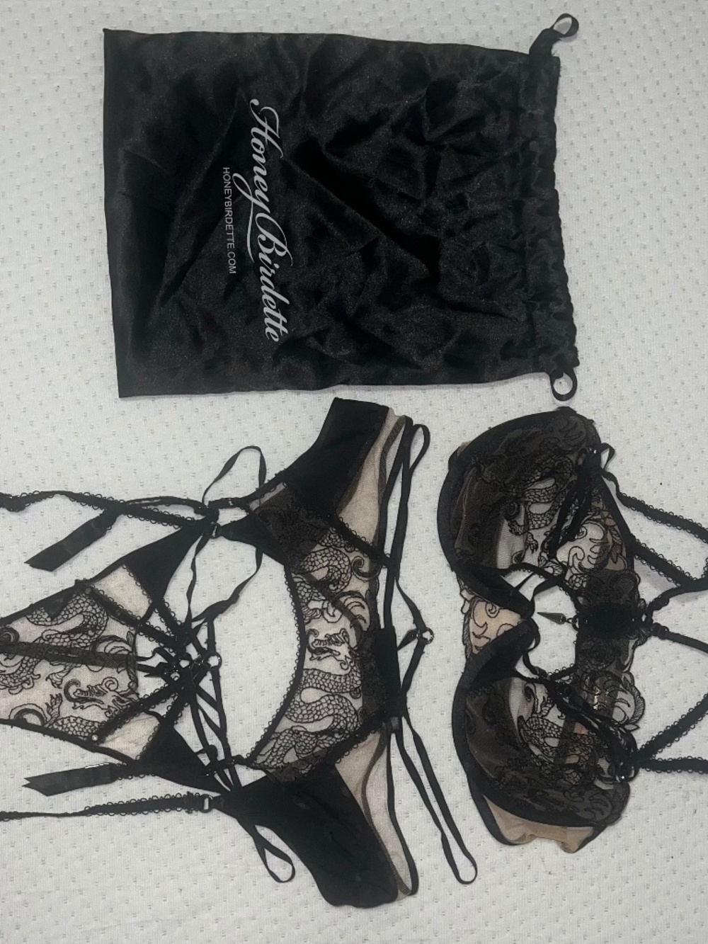 Honey Birdette Dragon bra garter and pantie set lingerie